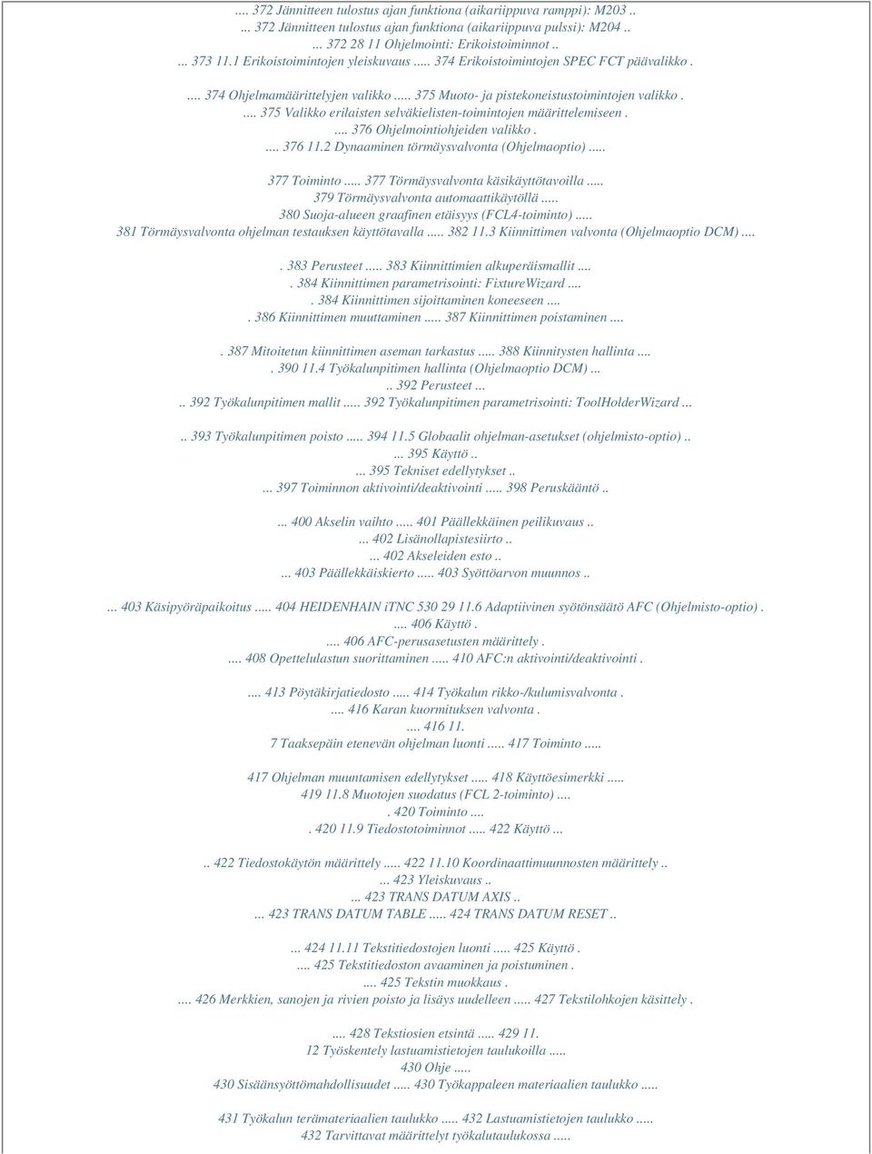 ... 375 Valikko erilaisten selväkielisten-toimintojen määrittelemiseen.... 376 Ohjelmointiohjeiden valikko.... 376 11.2 Dynaaminen törmäysvalvonta (Ohjelmaoptio)... 377 Toiminto.