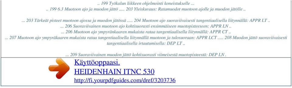 .... 206 Suoraviivainen muotoon ajo kohtisuorasti ensimmäiseen muotopisteeseen: APPR LN..... 206 Muotoon ajo ympyränkaaren mukaista rataa tangentiaalisella liitynnällä: APPR CT.