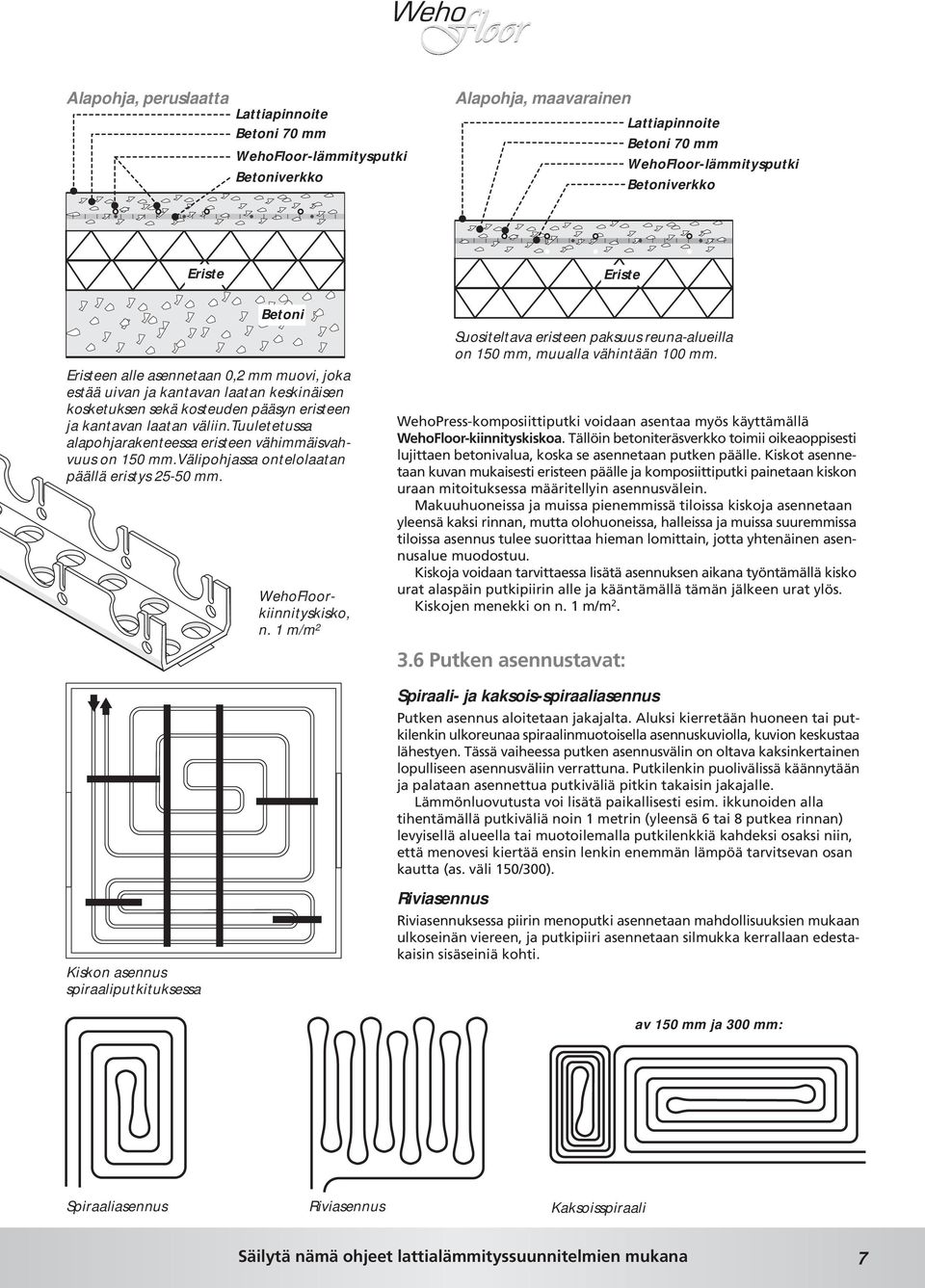 tuuletetussa alapohjarakenteessa eristeen vähimmäisvahvuus on 150 mm.välipohjassa ontelolaatan päällä eristys 25-50 mm. WehoFloorkiinnityskisko, n.