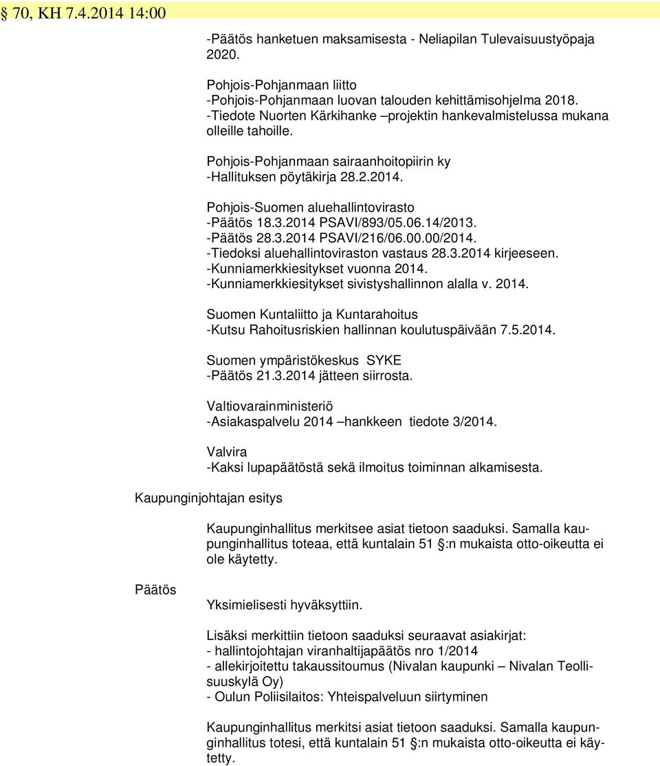 3.2014 PSAVI/893/05.06.14/2013. - 28.3.2014 PSAVI/216/06.00.00/2014. -Tiedoksi aluehallintoviraston vastaus 28.3.2014 kirjeeseen. -Kunniamerkkiesitykset vuonna 2014.