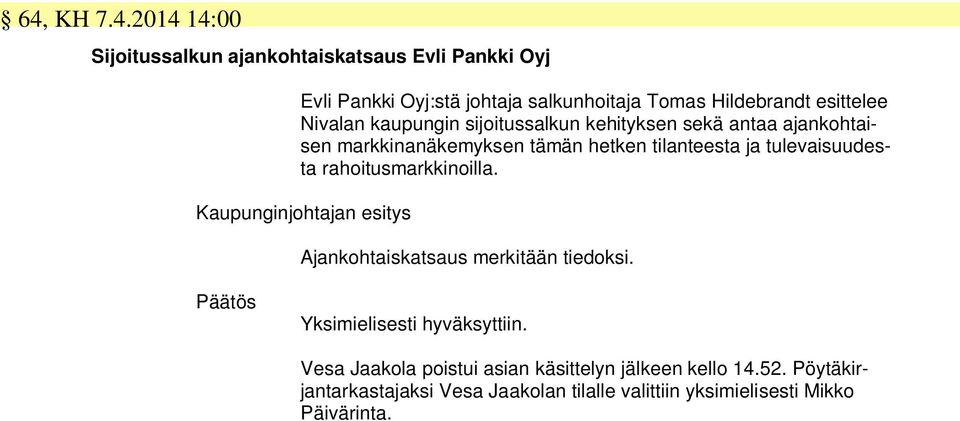 tulevaisuudesta rahoitusmarkkinoilla. Kaupunginjohtajan esitys Ajankohtaiskatsaus merkitään tiedoksi. Yksimielisesti hyväksyttiin.