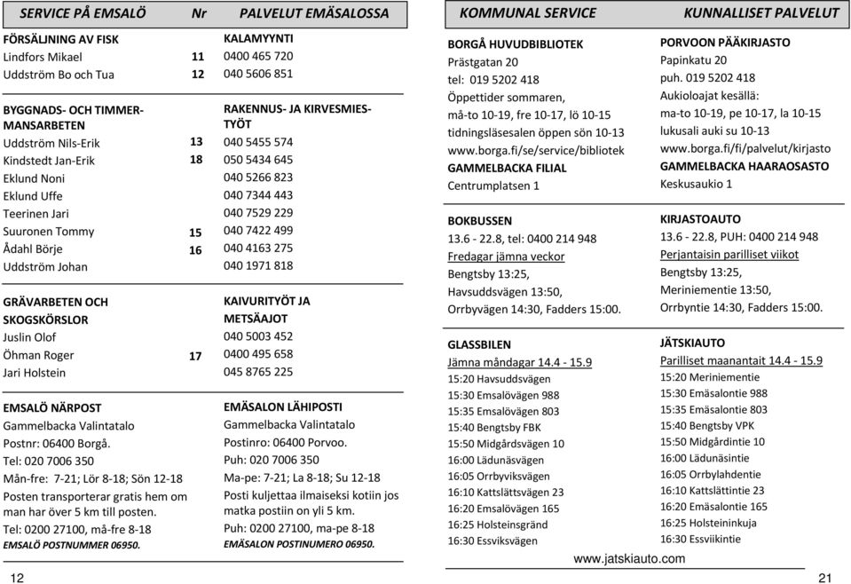 Postnr: 06400 Borgå. Tel: 020 7006 350 Mån-fre: 7-21; Lör 8-18; Sön 12-18 Posten transporterar gratis hem om man har över 5 km till posten. Tel: 0200 27100, må-fre 8-18 EMSALÖ POSTNUMMER 06950.