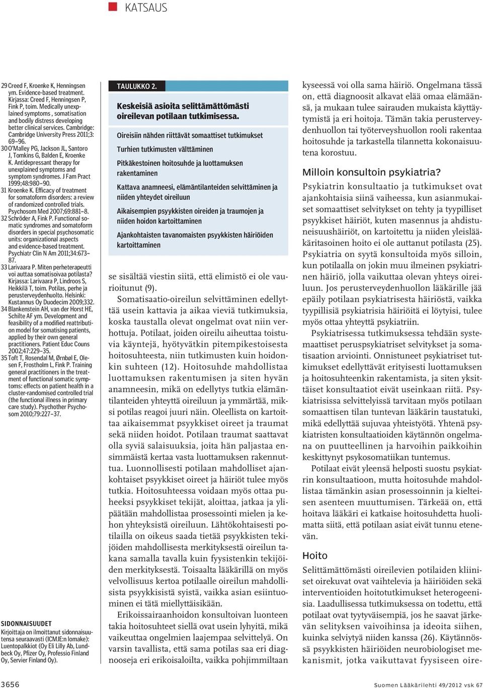 30 O Malley PG, Jackson JL, Santoro J, Tomkins G, Balden E, Kroenke K. Antidepressant therapy for unexplained symptoms and symptom syndromes. J Fam Pract 1999;48:980 90. 31 Kroenke K.