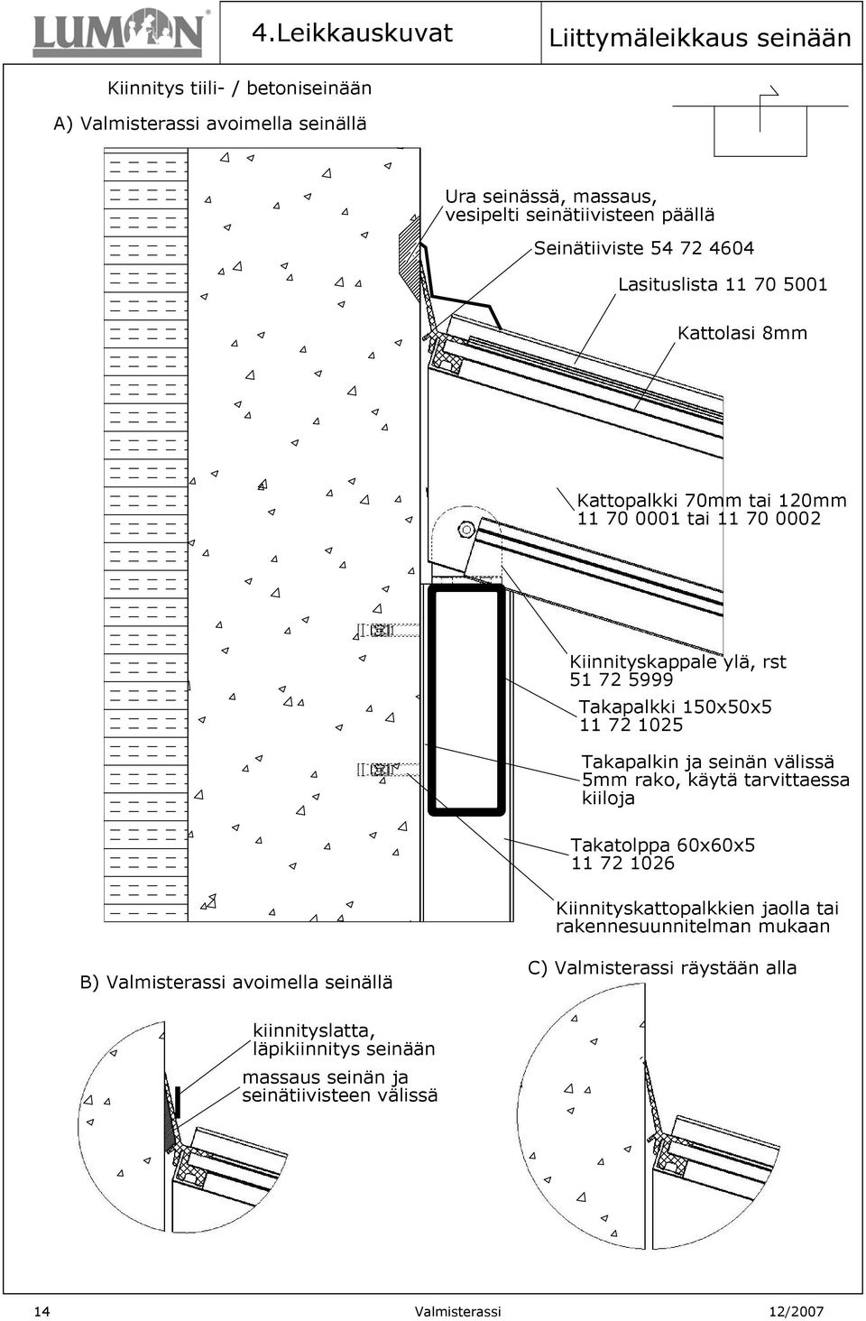 150x50x5 11 72 1025 Takapalkin ja seinän välissä 5mm rako, käytä tarvittaessa kiiloja Takatolppa 60x60x5 11 72 1026 Kiinnityskattopalkkien jaolla tai rakennesuunnitelman