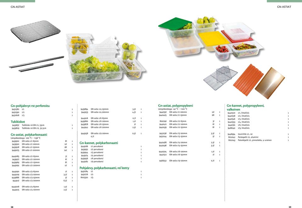 Lämpökestävyys -40 C +100 C 9440397 GN-sti 1/1-100mm 12l 1 9440405 GN-sti 1/1-150mm 18l 1 8021746 GN-sti 1/2-65mm 3l 1 9440421 GN-sti 1/2-100mm 6l 1 9440439 GN-sti 1/2-150mm 8l 1 Gn-knnet,