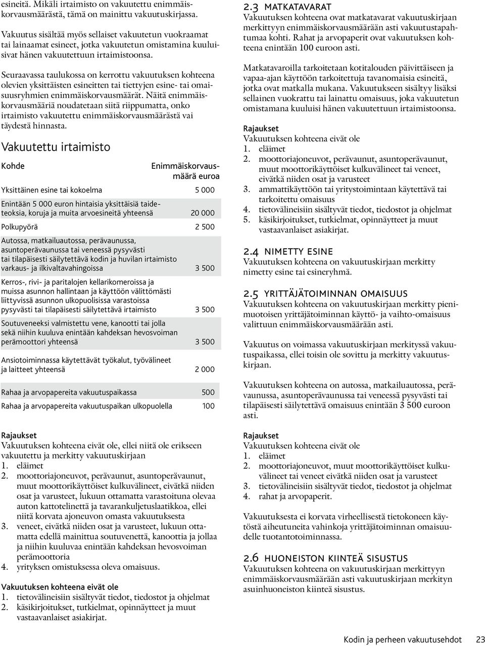 Seuraavassa taulukossa on kerrottu vakuutuksen kohteena olevien yksittäisten esineitten tai tiettyjen esine- tai omaisuusryhmien enimmäiskorvausmäärät.
