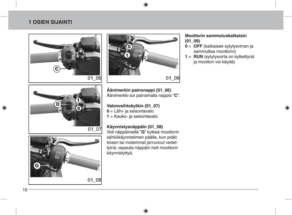 Valonvaihtokytkin (01_07) 0 = Lähi- ja seisontavalo 1 = Kauko- ja seisontavalo Käynnistysnäppäin (01_08) Voit näppäimellä G