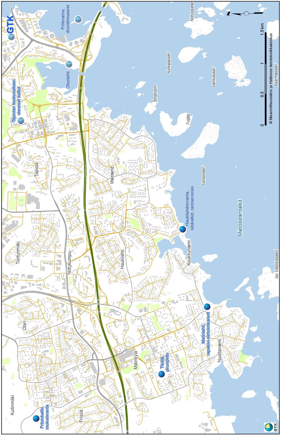 silokalliot, rantaeroosio Varsasaari Westend Tapiola 0 0.5 Vehkasaari 1 Korkeasaari 1.