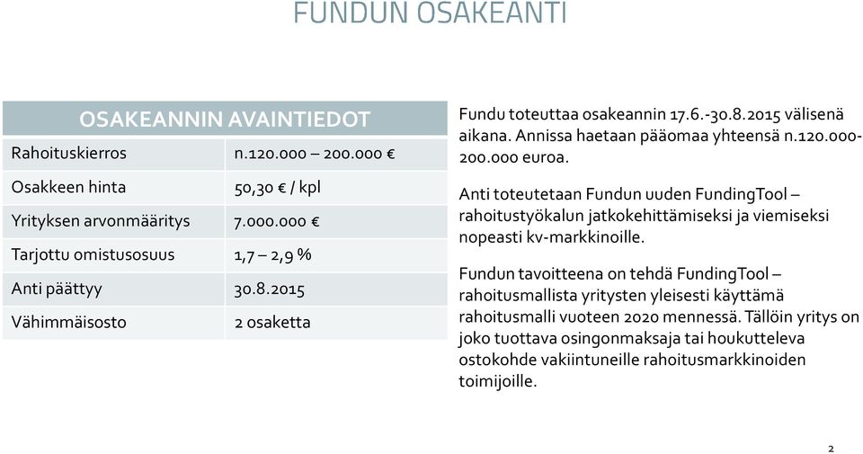 Anti toteutetaan Fundun uuden FundingTool rahoitustyökalun jatkokehittämiseksi ja viemiseksi nopeasti kv-markkinoille.