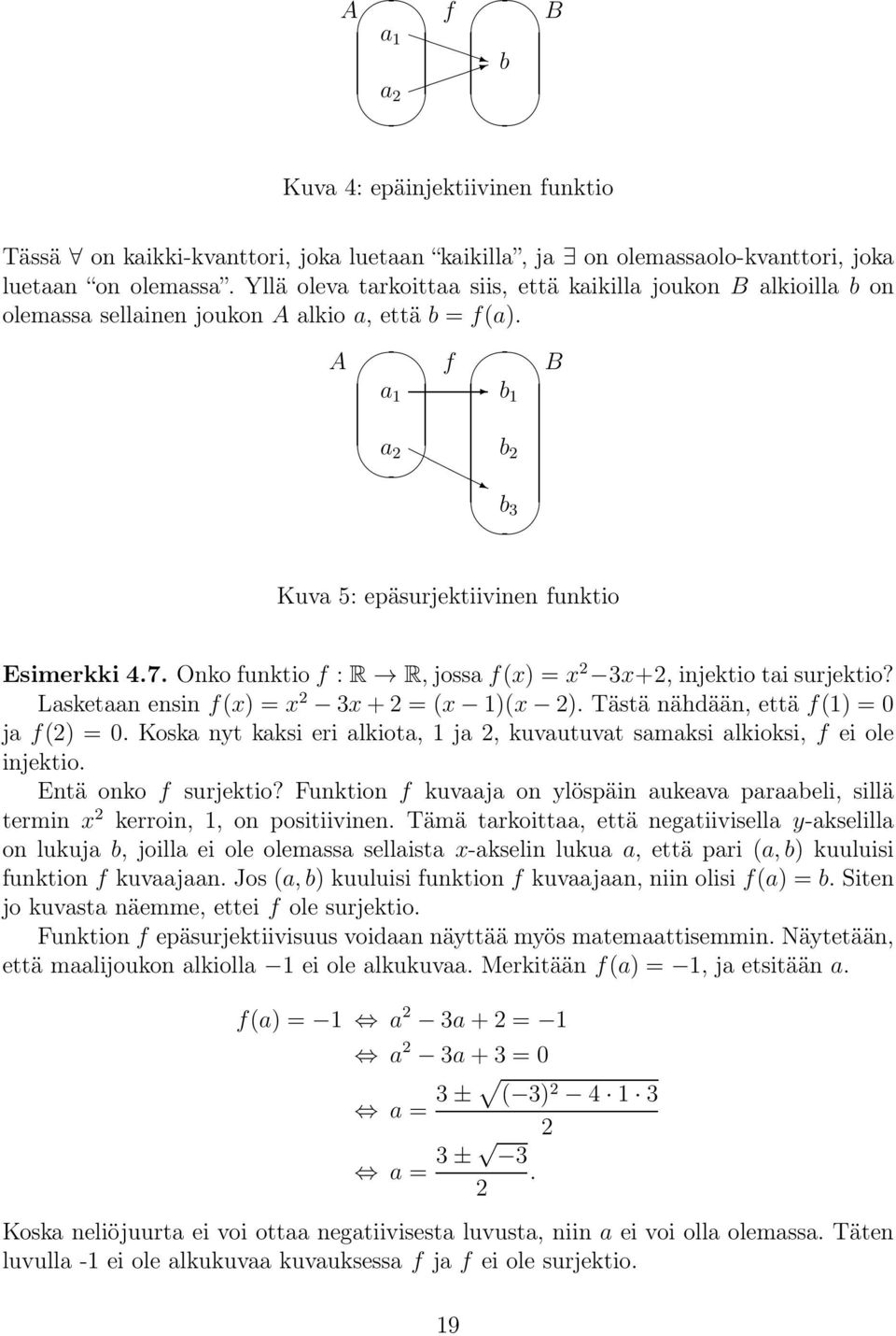 Onko funktiof : R R, jossaf(x) = x 3x+, injektio tai surjektio? Lasketaan ensin f(x) = x 3x+ = (x )(x ). Tästä nähdään, että f() = 0 ja f() = 0.