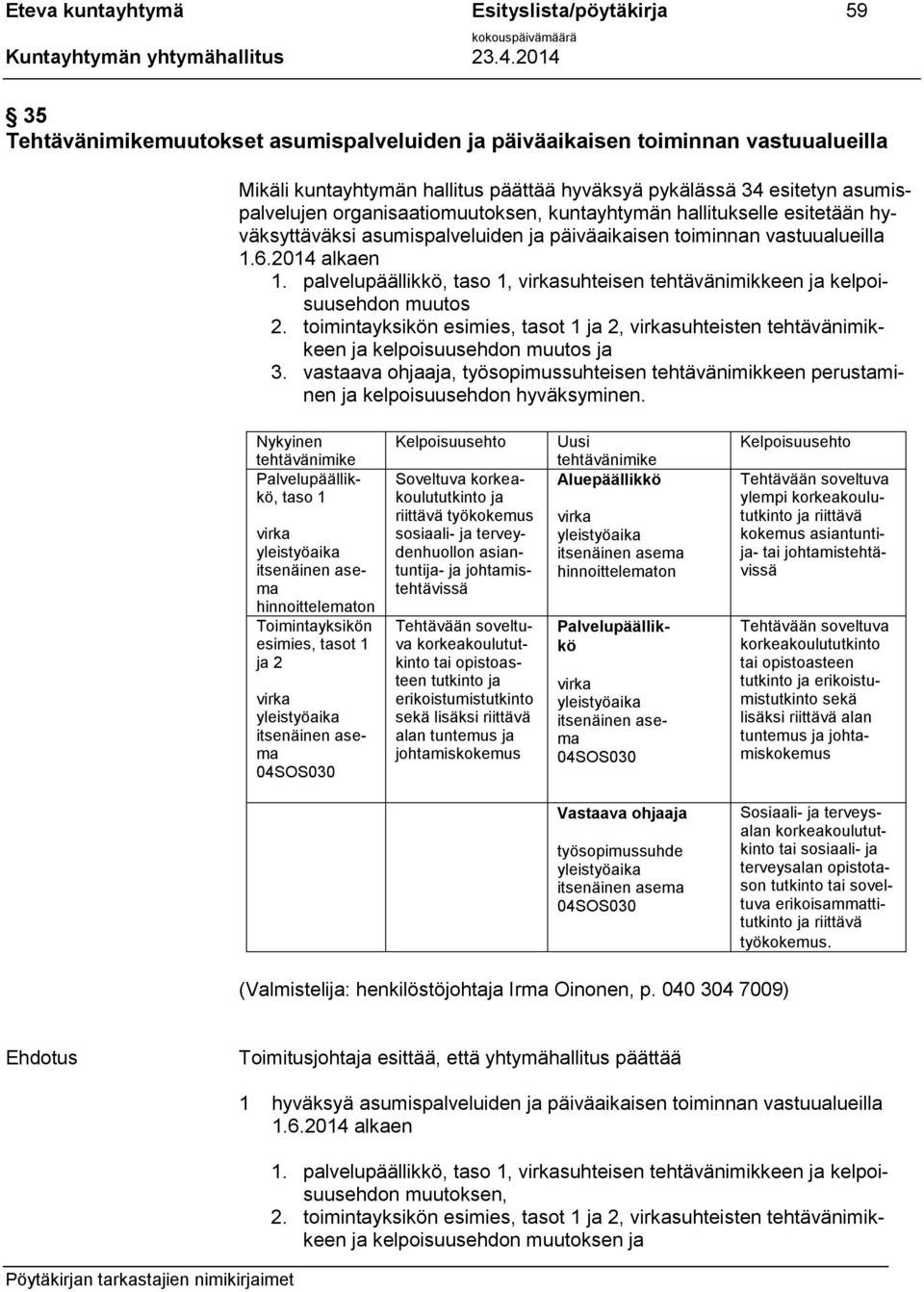 palvelupäällikkö, taso 1, virkasuhteisen tehtävänimikkeen ja kelpoisuusehdon muutos 2. toimintayksikön esimies, tasot 1 ja 2, virkasuhteisten tehtävänimikkeen ja kelpoisuusehdon muutos ja 3.