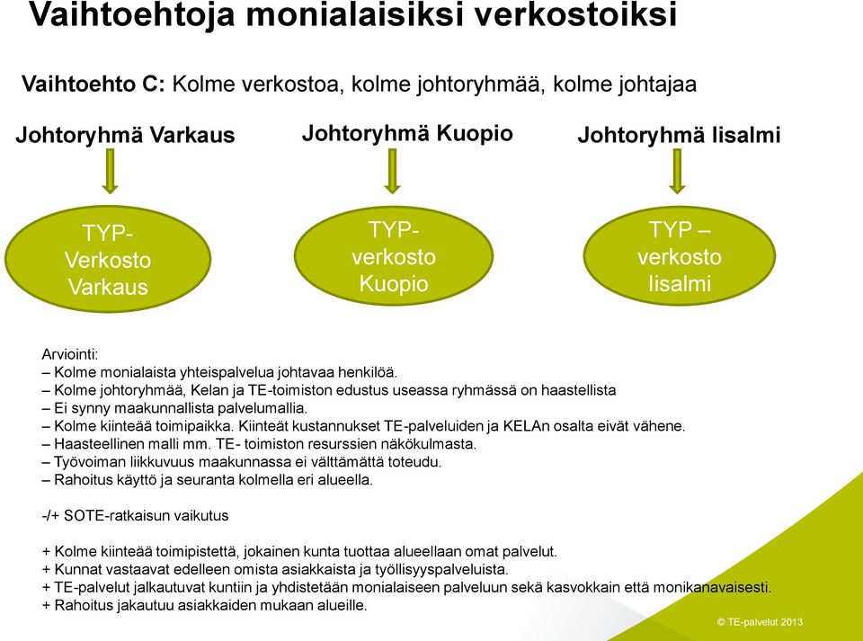 Kiinteät kustannukset TE-palveluiden ja KELAn osalta eivät vähene. Haasteellinen malli mm. TE- toimiston resurssien näkökulmasta. Työvoiman liikkuvuus maakunnassa ei välttämättä toteudu.