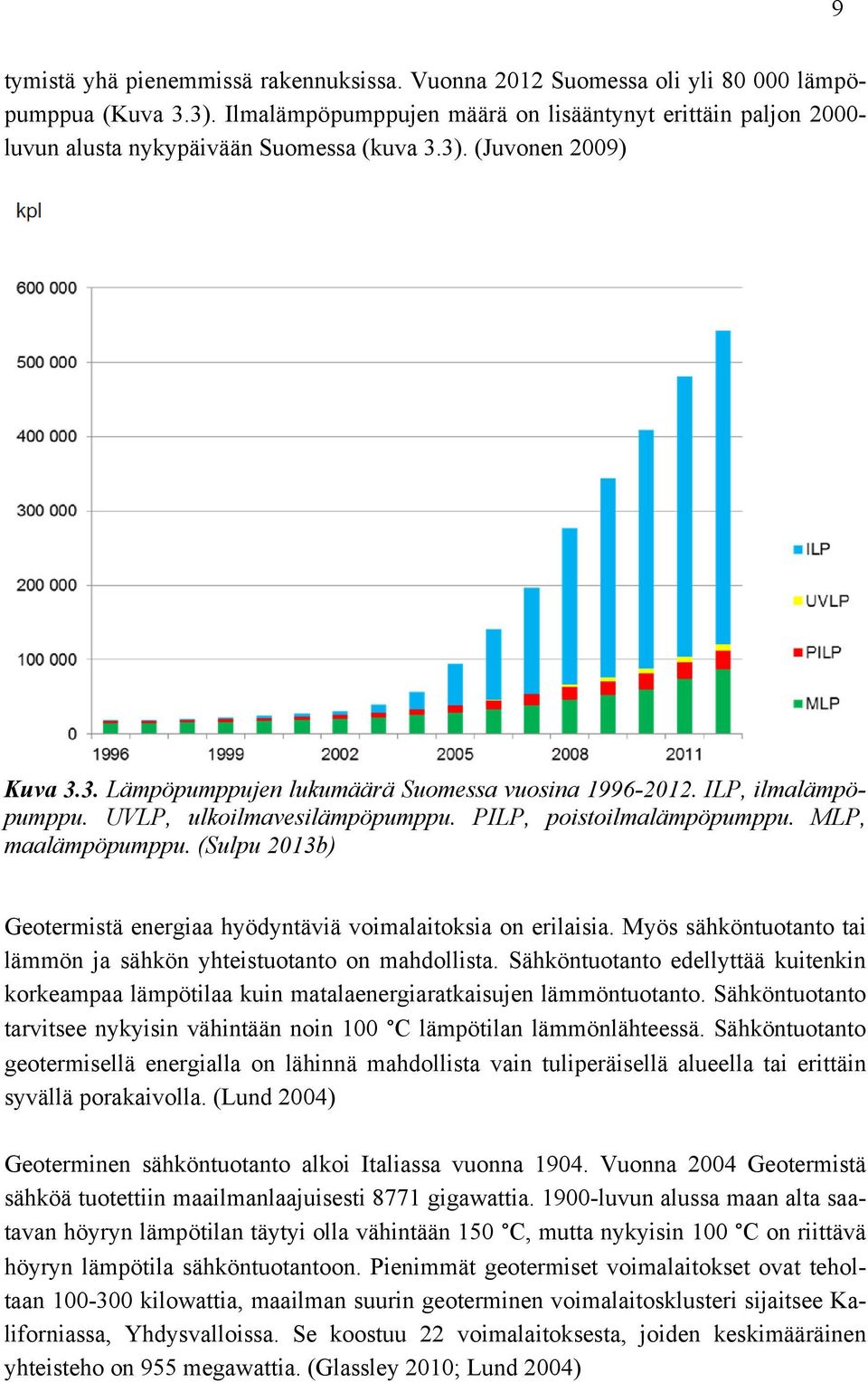 ILP, ilmalämpöpumppu. UVLP, ulkoilmavesilämpöpumppu. PILP, poistoilmalämpöpumppu. MLP, maalämpöpumppu. (Sulpu 2013b) Geotermistä energiaa hyödyntäviä voimalaitoksia on erilaisia.