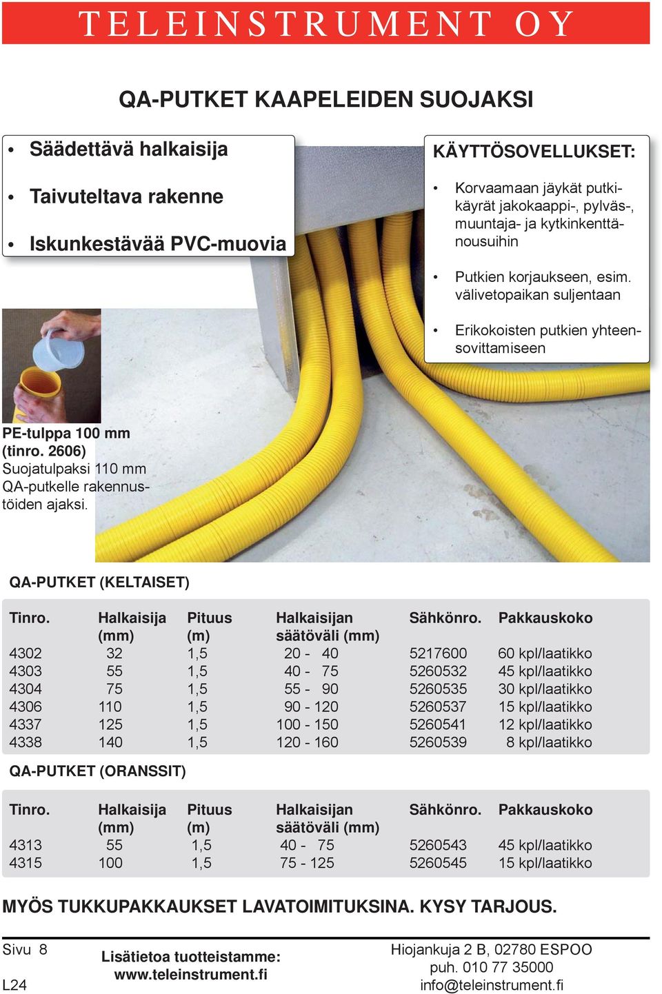 2606) Suojatulpaksi 110 mm QA-putkelle rakennustöiden ajaksi. QA-PUTKET (KELTAISET) Tinro. Halkaisija Pituus Halkaisijan Sähkönro.