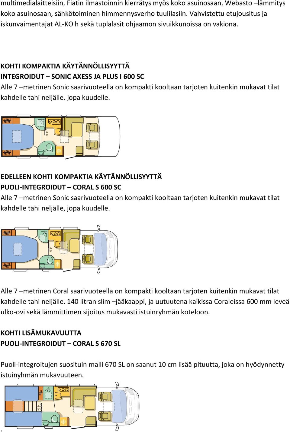 KOHTI KOMPAKTIA KÄYTÄNNÖLLISYYTTÄ INTEGROIDUT SONIC AXESS JA PLUS I 600 SC Alle 7 metrinen Sonic saarivuoteella on kompakti kooltaan tarjoten kuitenkin mukavat tilat kahdelle tahi neljälle.