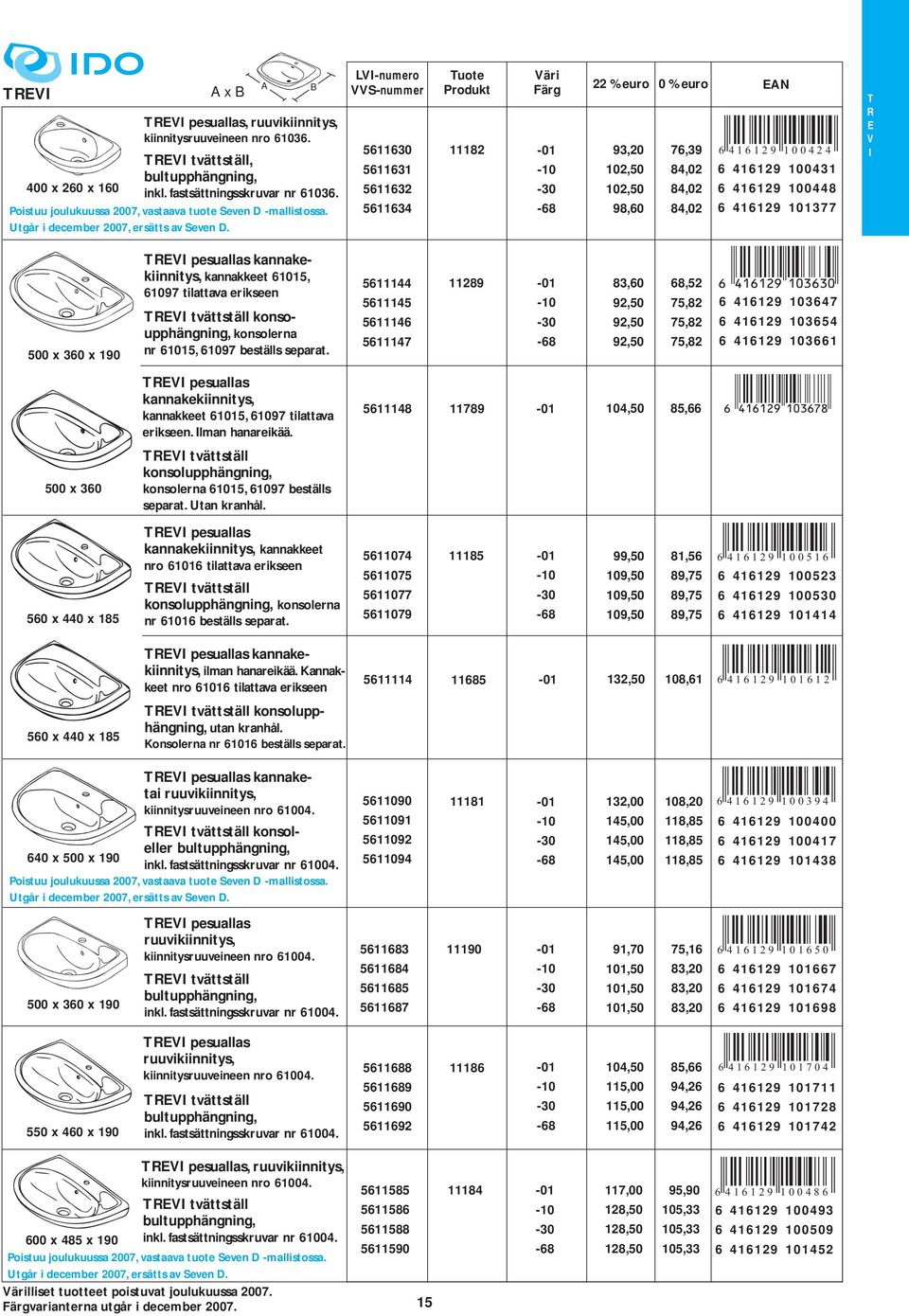 beställs separat RV pesuallas kannakekiinnitys, kannakkeet 61015, 61097 tilattava erikseen lman hanareikää LV-numero 5611630 5611631 5611632 5611634 5611144 5611145 5611146 5611147 5611148 11182