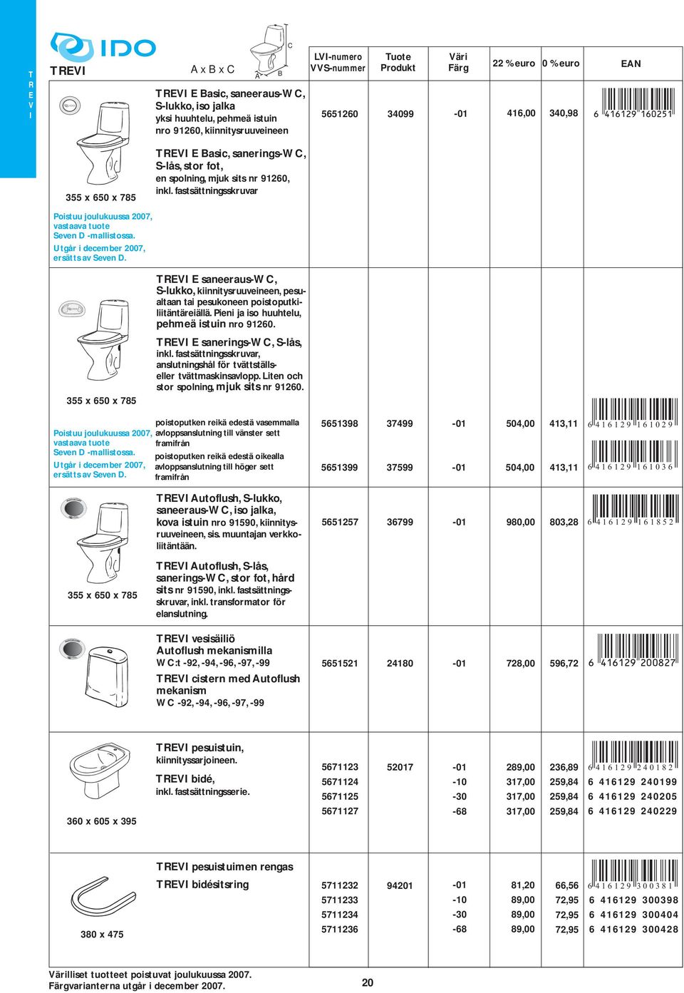 pesualtaan tai pesukoneen poistoputkiliitäntäreiällä Pieni ja iso huuhtelu, pehmeä istuin nro 91260 RV sanerings-wc, -lås, inkl fastsättningsskruvar, anslutningshål för tvättställseller