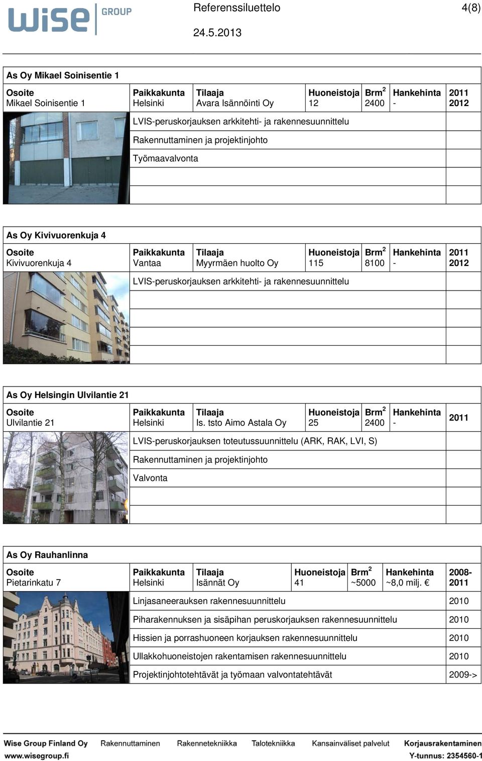 4 Kivivuorenkuja 4 Vantaa Myyrmäen huolto Oy 115 8100 LVISperuskorjauksen arkkitehti ja rakennesuunnittelu As Oy Helsingin Ulvilantie 21 Ulvilantie 21 Is.