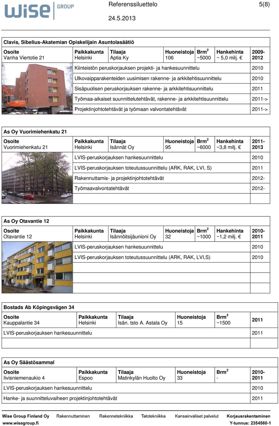 Työmaaaikaiset suunnittelutehtävät, rakenne ja arkkitehtisuunnittelu > Projektinjohtotehtävät ja työmaan valvontatehtävät > As Oy Vuorimiehenkatu 21 Vuorimiehenkatu 21 95 ~6000 ~3,8 milj.