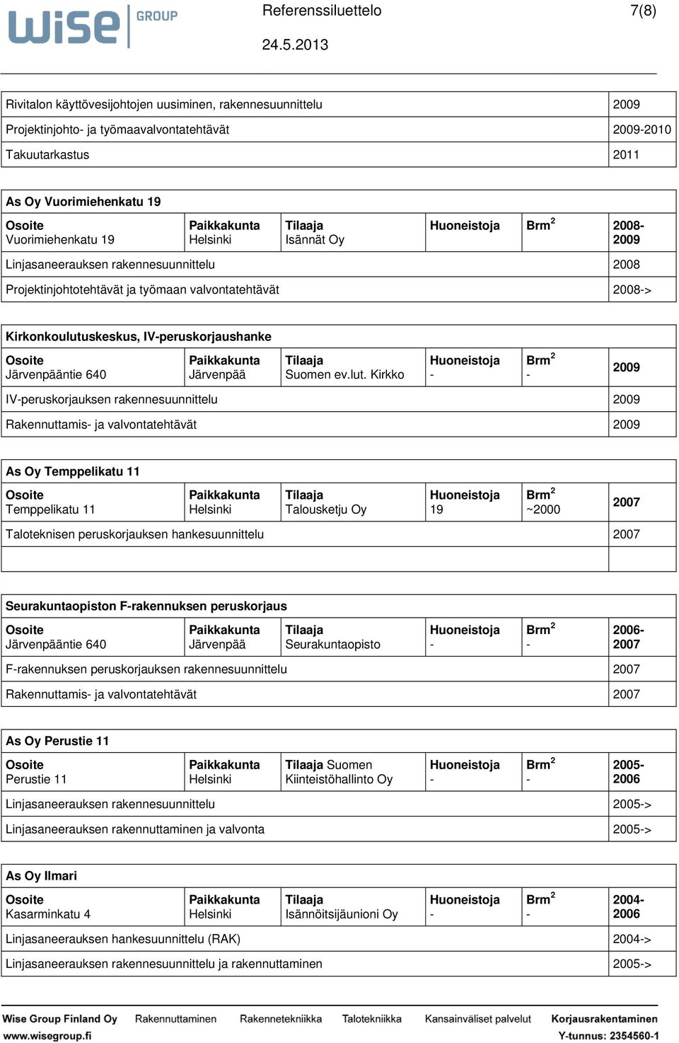 Linjasaneerauksen rakennesuunnittelu 2008 Projektinjohtotehtävät ja työmaan valvontatehtävät 2008> Kirkonkoulutu