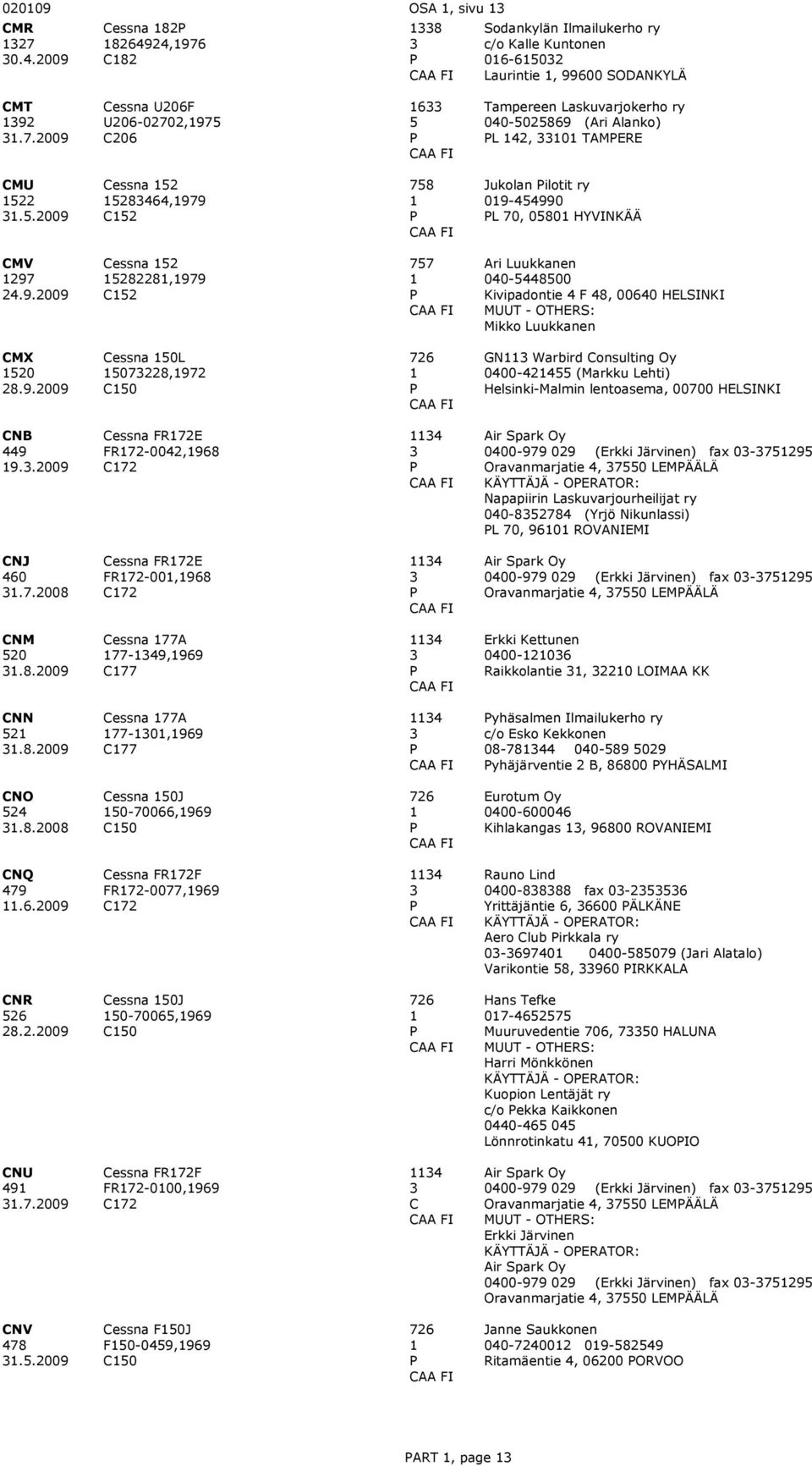 .29 essna R72E R72-42,968 72 4 Air Spark Oy 4-979 29 (Erkki ärvinen) fax -75295 Oravanmarjatie 4, 755 LEMÄÄLÄ KÄYTTÄÄ - OERATOR: Napapiirin Laskuvarjourheilijat ry 4-852784 (Yrjö Nikunlassi) L 7, 96