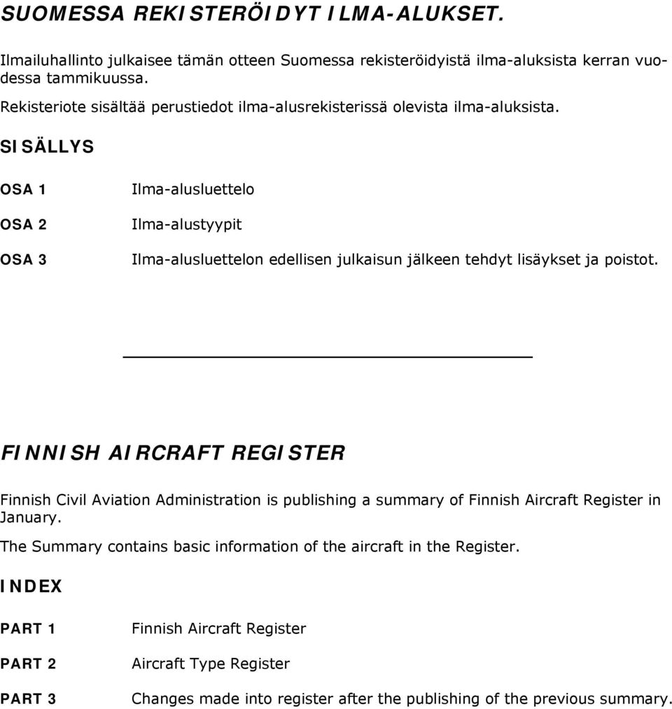 SISÄLLYS OSA OSA 2 OSA Ilma-alusluettelo Ilma-alustyypit Ilma-alusluettelon edellisen julkaisun jälkeen tehdyt lisäykset ja poistot.