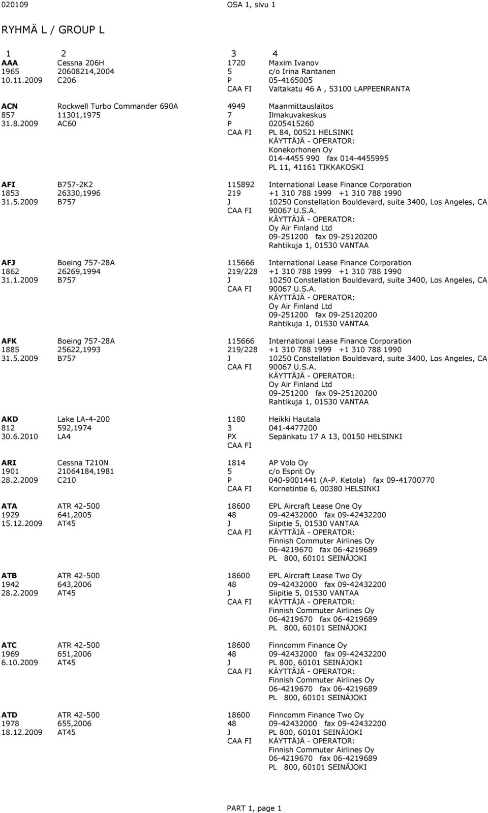 7.8.29 Rockwell Turbo ommander 69A,975 A6 4949 7 Maanmittauslaitos Ilmakuvakeskus 254526 L 84, 52 HELSINKI KÄYTTÄÄ - OERATOR: Konekorhonen Oy 4-4455 99 fax 4-4455995 L, 46 TIKKAKOSKI AI 85.5.29 B757-2K2 26,996 B757 5892 29 International Lease inance orporation + 788 999 + 788 99 25 onstellation Bouldevard, suite 4, Los Angeles, A 967 U.