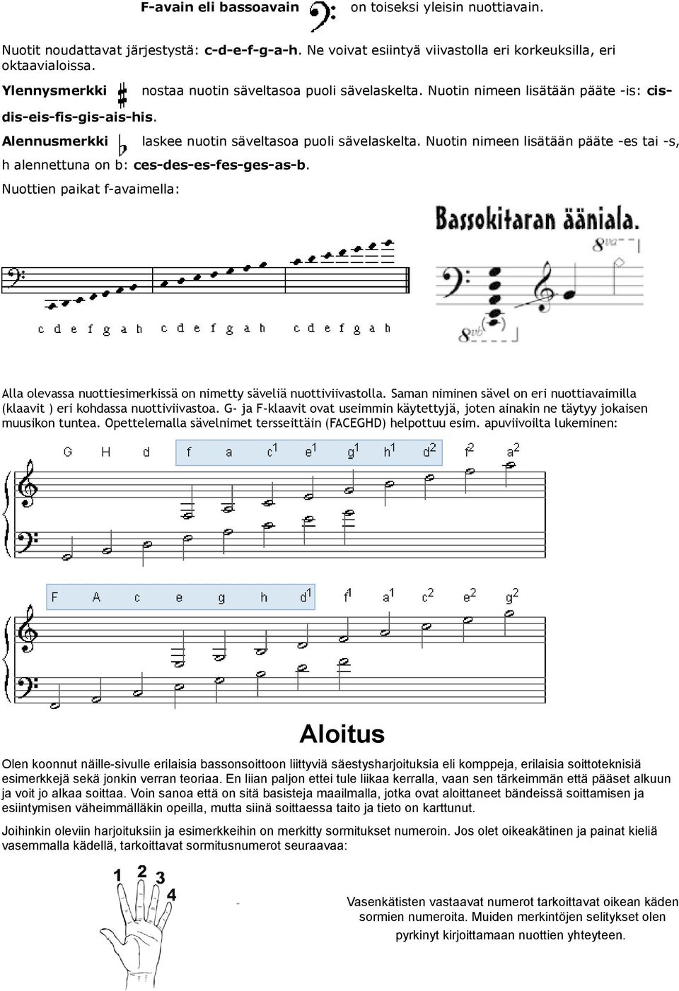 Nuotin nimeen lisätään pääte -es tai -s, h alennettuna on b: ces-des-es-fes-ges-as-b. Nuottien paikat f-avaimella: Alla olevassa nuottiesimerkissä on nimetty säveliä nuottiviivastolla.