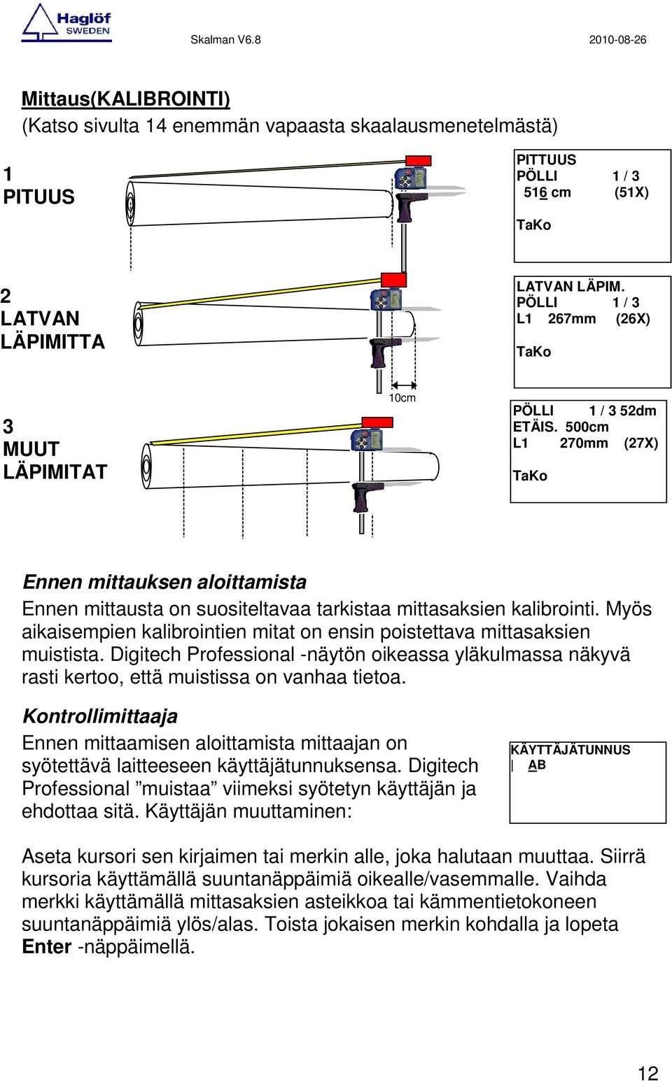 500cm L1 270mm (27X) TaKo Ennen mittauksen aloittamista Ennen mittausta on suositeltavaa tarkistaa mittasaksien kalibrointi.