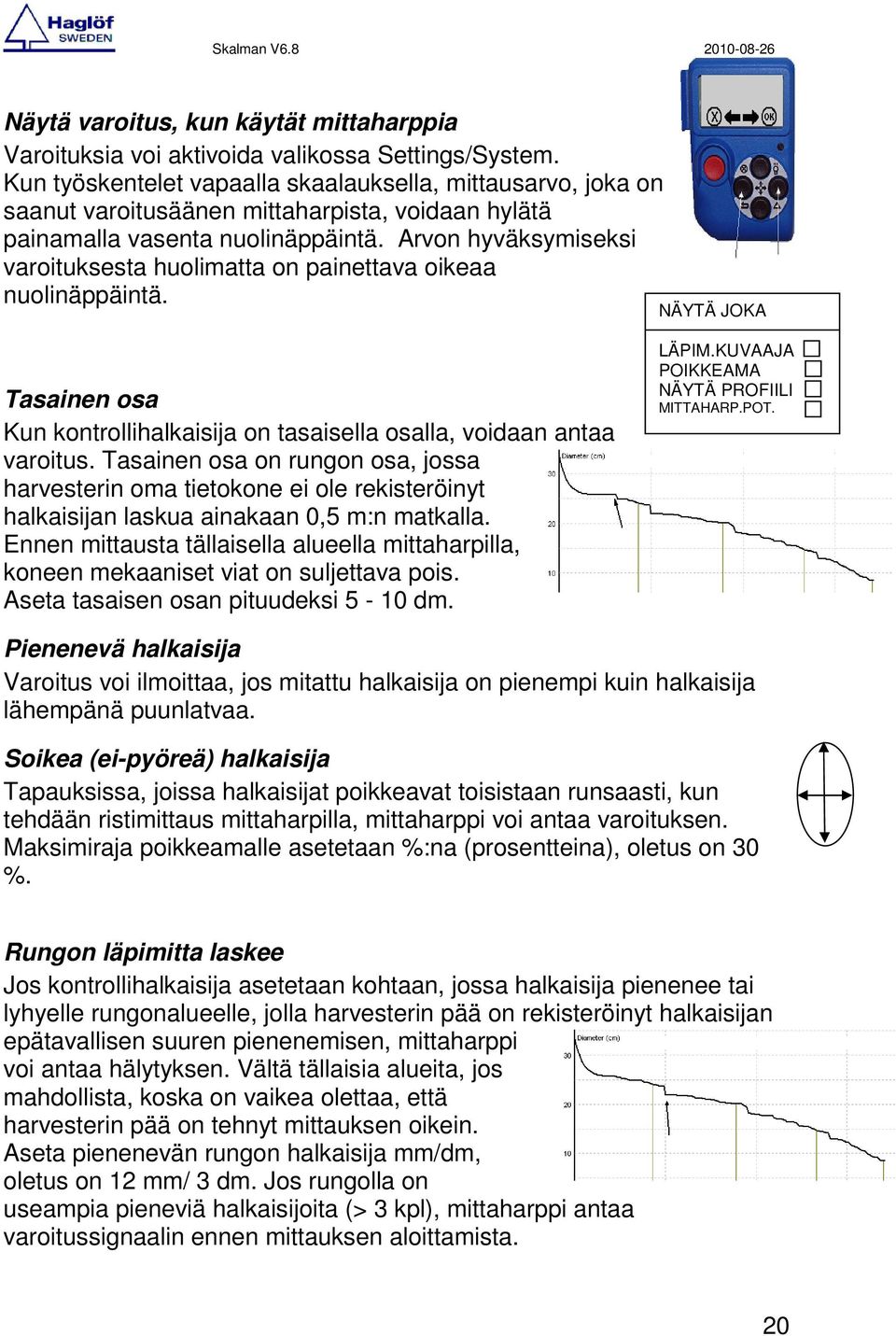 Arvon hyväksymiseksi varoituksesta huolimatta on painettava oikeaa nuolinäppäintä. NÄYTÄ JOKA Tasainen osa Kun kontrollihalkaisija on tasaisella osalla, voidaan antaa varoitus.