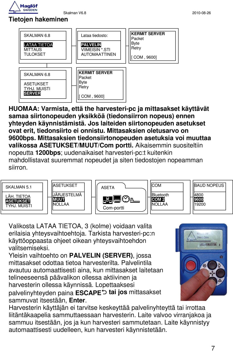 MUISTI SERVER KERMIT SERVER Packet Byte Retry [ COM, 9600] HUOMAA: Varmista, että the harvesteri-pc ja mittasakset käyttävät samaa siirtonopeuden yksikköä (tiedonsiirron nopeus) ennen yhteyden