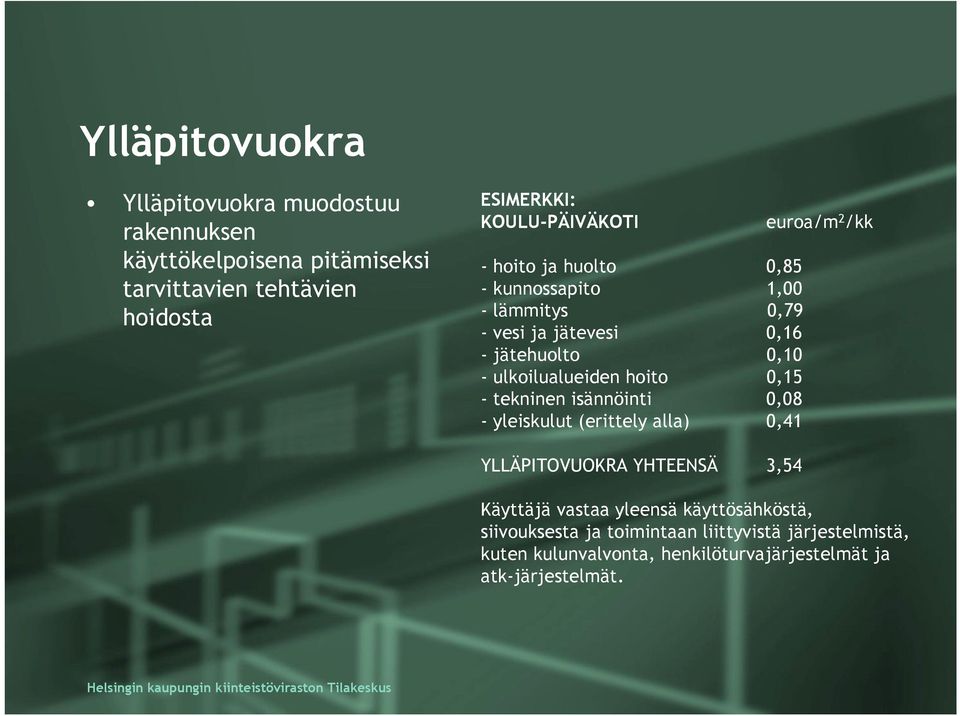 ulkoilualueiden hoito 0,15 - tekninen isännöinti 0,08 - yleiskulut (erittely alla) 0,41 euroa/m 2 /kk YLLÄPITOVUOKRA YHTEENSÄ 3,54