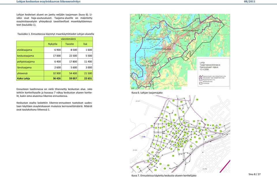 Ennusteessa käytetyt maankäyttötiedot Lohjan alueella väestömäärä Nykytila Tavoite lisä etelätaajama 6 900 8 500 1 600 keskustaajama 17 000 22 500 5 500 pohjoistaajama 6 400 17 800 11 400