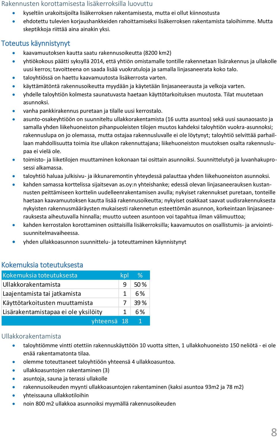 Toteutus käynnistynyt kaavamuutoksen kautta saatu rakennusoikeutta (8200 km2) yhtiökokous päätti syksyllä 2014, että yhtiön omistamalle tontille rakennetaan lisärakennus ja ullakolle uusi kerros;