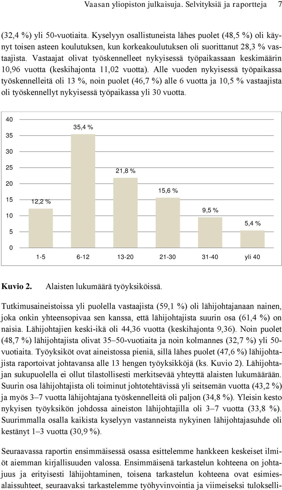 Vastaajat olivat työskennelleet nykyisessä työpaikassaan keskimäärin 10,96 vuotta (keskihajonta 11,02 vuotta).