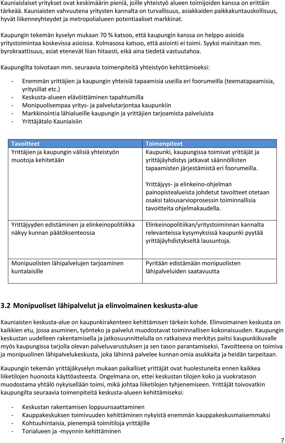 Kaupungin tekemän kyselyn mukaan 70 % katsoo, että kaupungin kanssa on helppo asioida yritystoimintaa koskevissa asioissa. Kolmasosa katsoo, että asiointi ei toimi. Syyksi mainitaan mm.