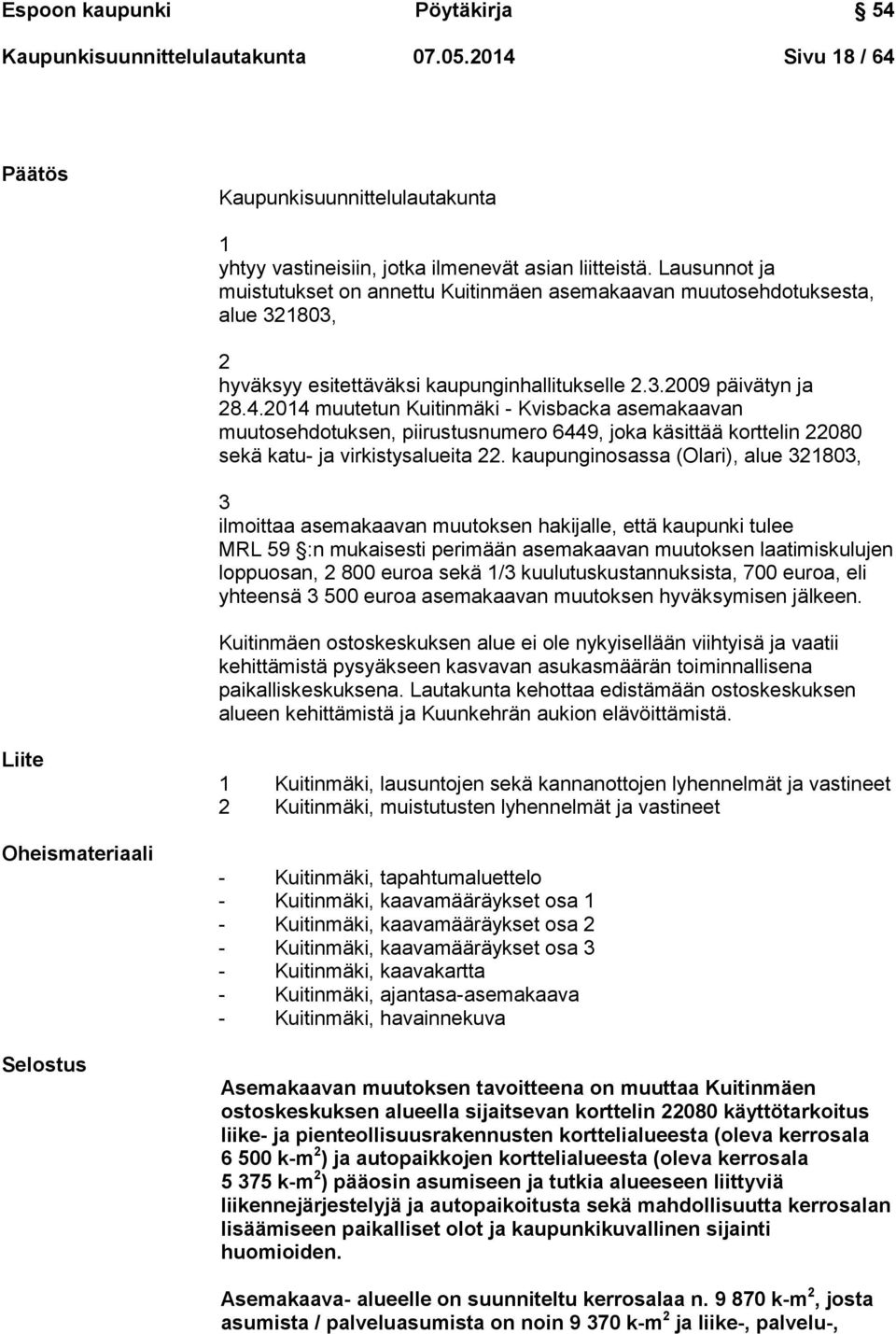 2014 muutetun Kuitinmäki - Kvisbacka asemakaavan muutosehdotuksen, piirustusnumero 6449, joka käsittää korttelin 22080 sekä katu- ja virkistysalueita 22.