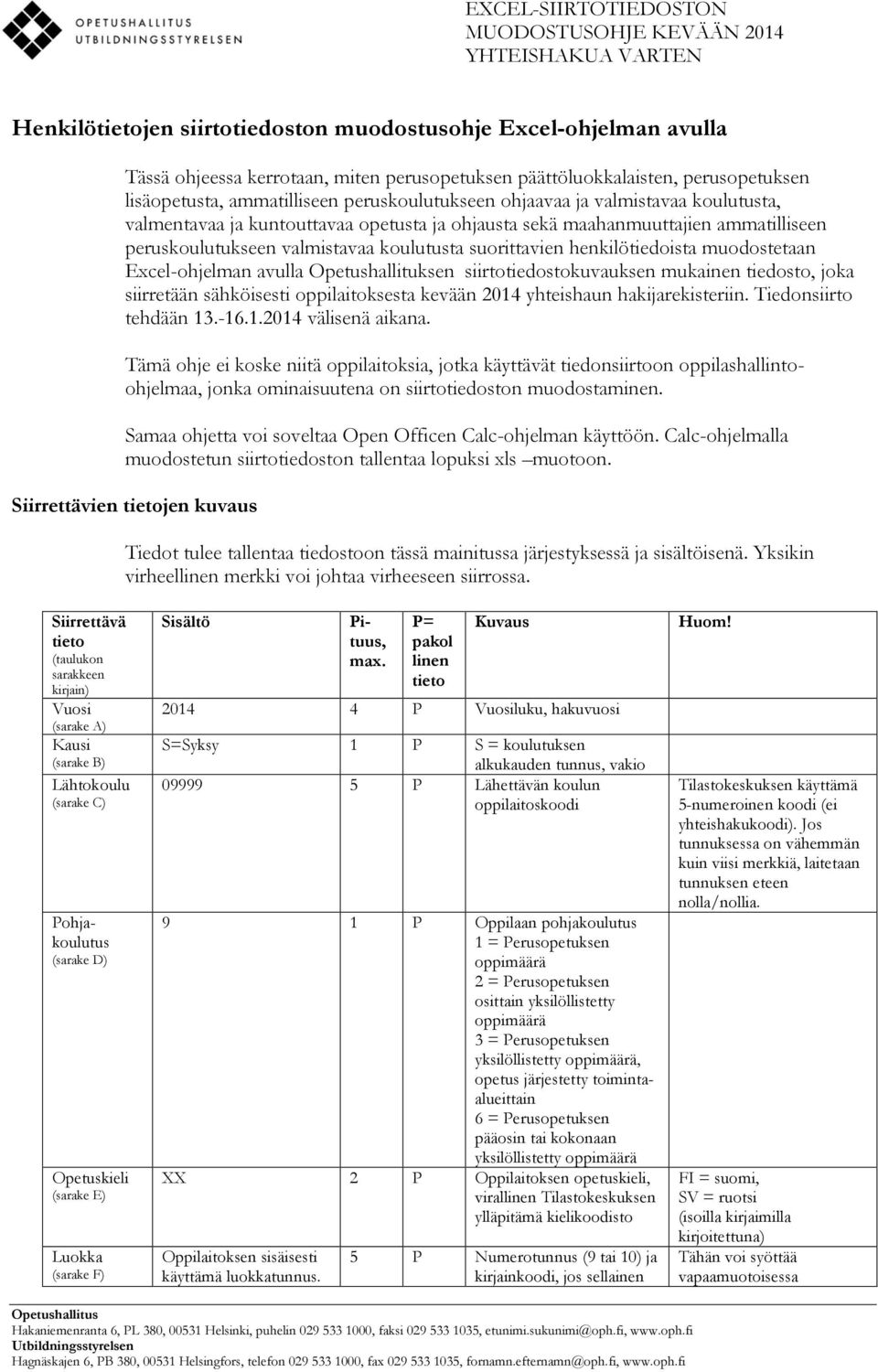 ammatilliseen peruskoulutukseen valmistavaa koulutusta suorittavien henkilötiedoista muodostetaan Excel-ohjelman avulla Opetushallituksen siirtotiedostokuvauksen mukainen tiedosto, joka siirretään