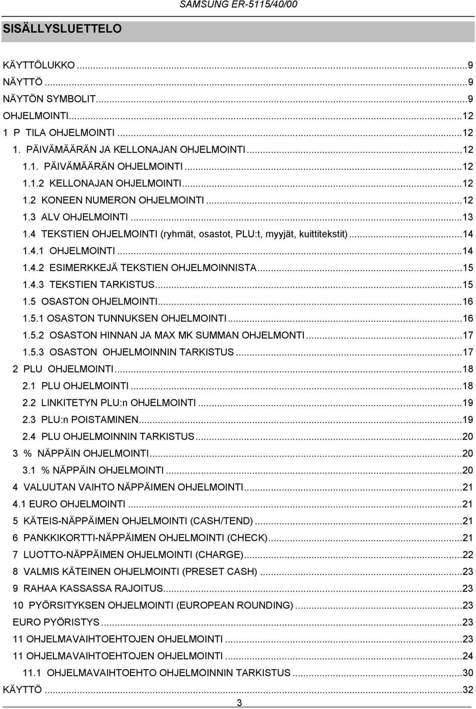 ..5.4. TEKSTIEN TARKISTUS...5.5 OSASTON OHJELMOINTI...6.5. OSASTON TUNNUKSEN OHJELMOINTI...6.5. OSASTON HINNAN JA MAX MK MAN OHJELMONTI...7.5. OSASTON OHJELMOINNIN TARKISTUS...7 PLU OHJELMOINTI...8.