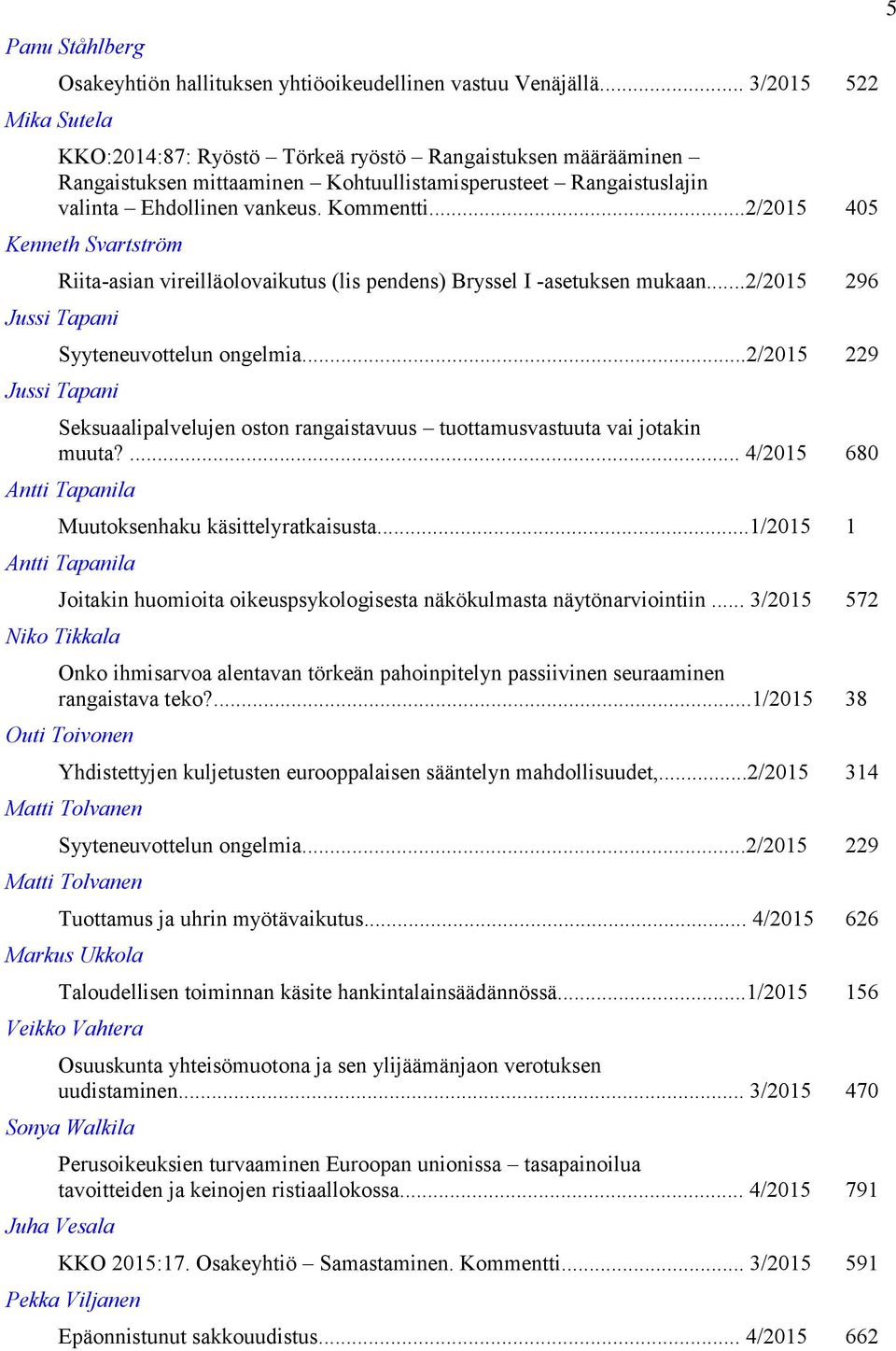 ..2/2015 405 Kenneth Svartström Riita-asian vireilläolovaikutus (lis pendens) Bryssel I -asetuksen mukaan...2/2015 296 Jussi Tapani Syyteneuvottelun ongelmia.