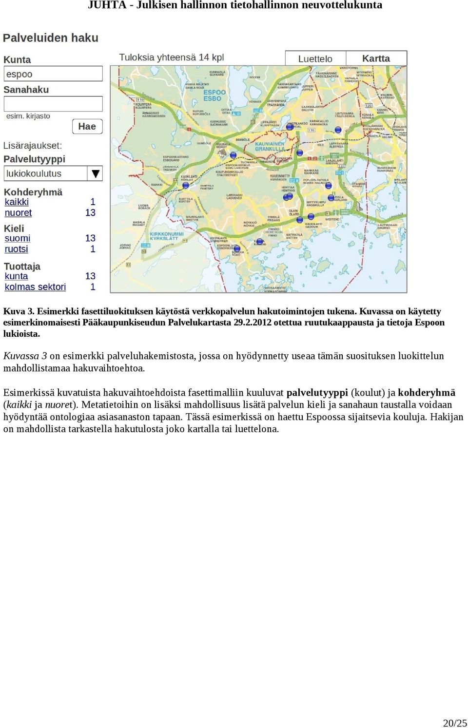 Kuvassa 3 on esimerkki palveluhakemistosta, jossa on hyödynnetty useaa tämän suosituksen luokittelun mahdollistamaa hakuvaihtoehtoa.