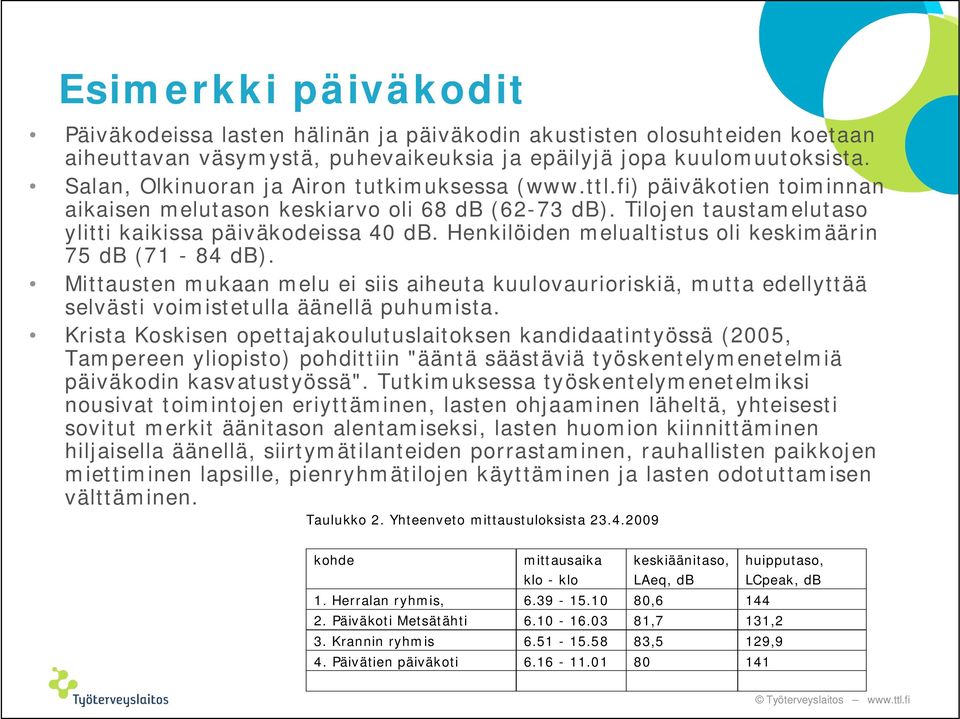 Henkilöiden melualtistus oli keskimäärin 75 db (71-84 db). Mittausten mukaan melu ei siis aiheuta kuulovaurioriskiä, mutta edellyttää selvästi voimistetulla äänellä puhumista.