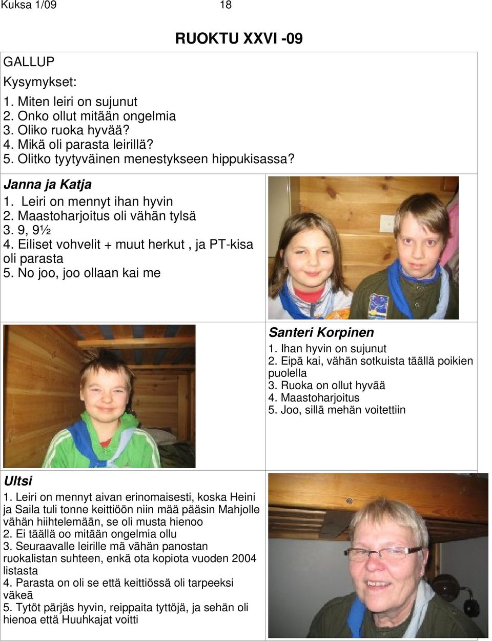 No joo, joo ollaan kai me Santeri Korpinen 1. Ihan hyvin on sujunut 2. Eipä kai, vähän sotkuista täällä poikien puolella 3. Ruoka on ollut hyvää 4. Maastoharjoitus 5.