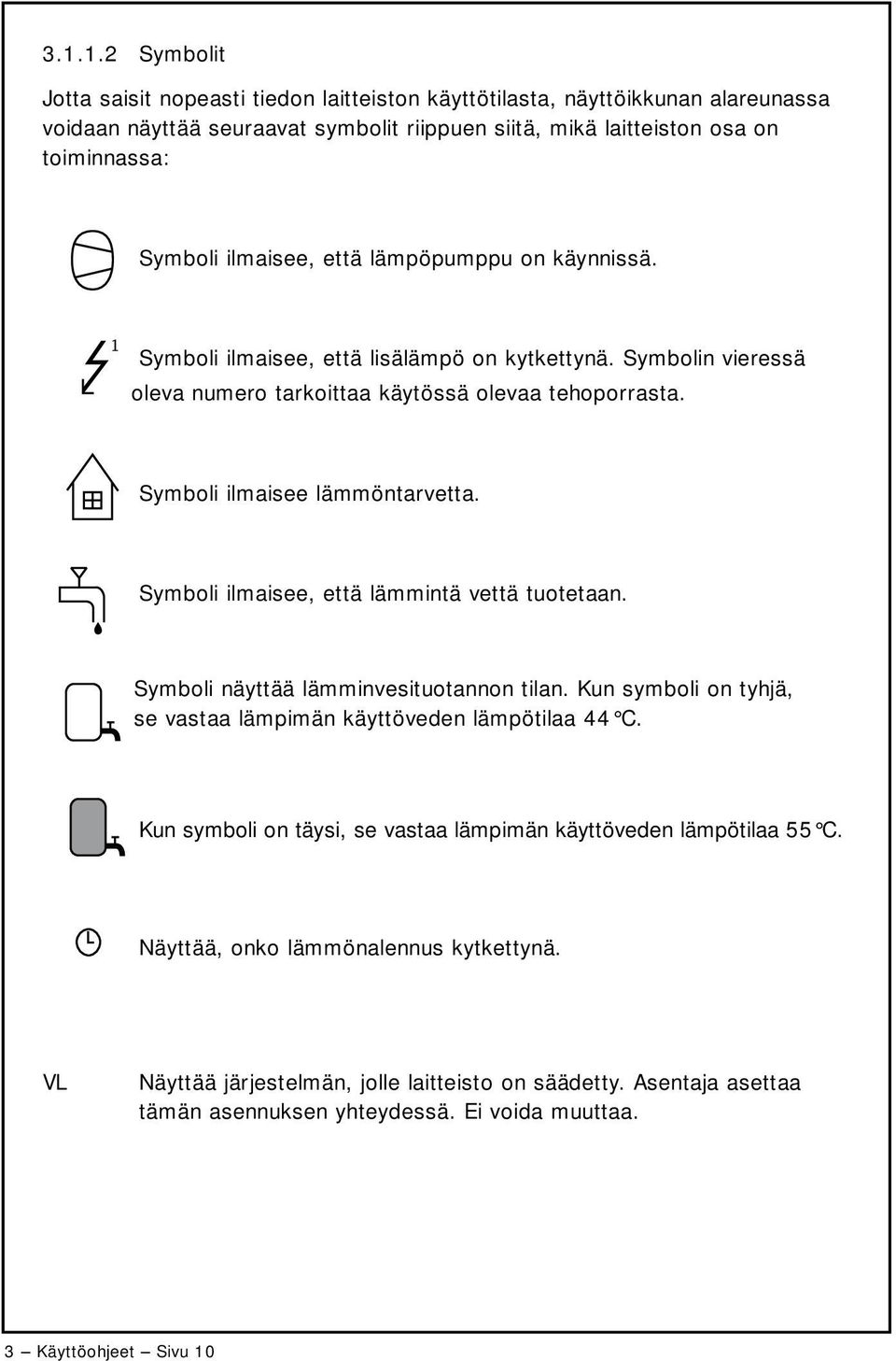 Symboli ilmaisee, että lämmintä vettä tuotetaan. Symboli näyttää lämminvesituotannon tilan. Kun symboli on tyhjä, se vastaa lämpimän käyttöveden lämpötilaa 44 C.