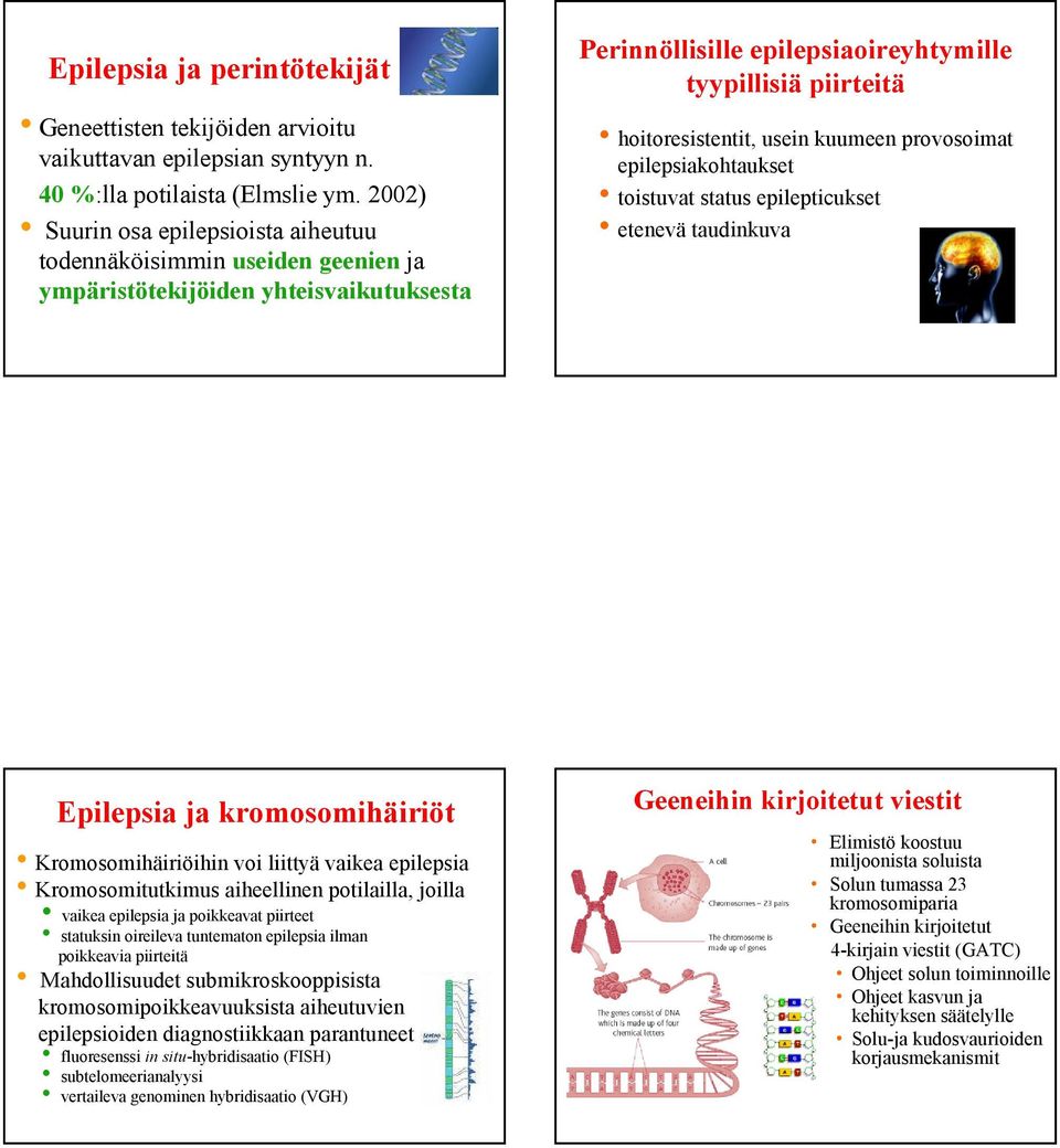 usein kuumeen provosoimat epilepsiakohtaukset toistuvat status epilepticukset etenevä taudinkuva Epilepsia ja kromosomihäiriöt Kromosomihäiriöihin voi liittyä vaikea epilepsia Kromosomitutkimus