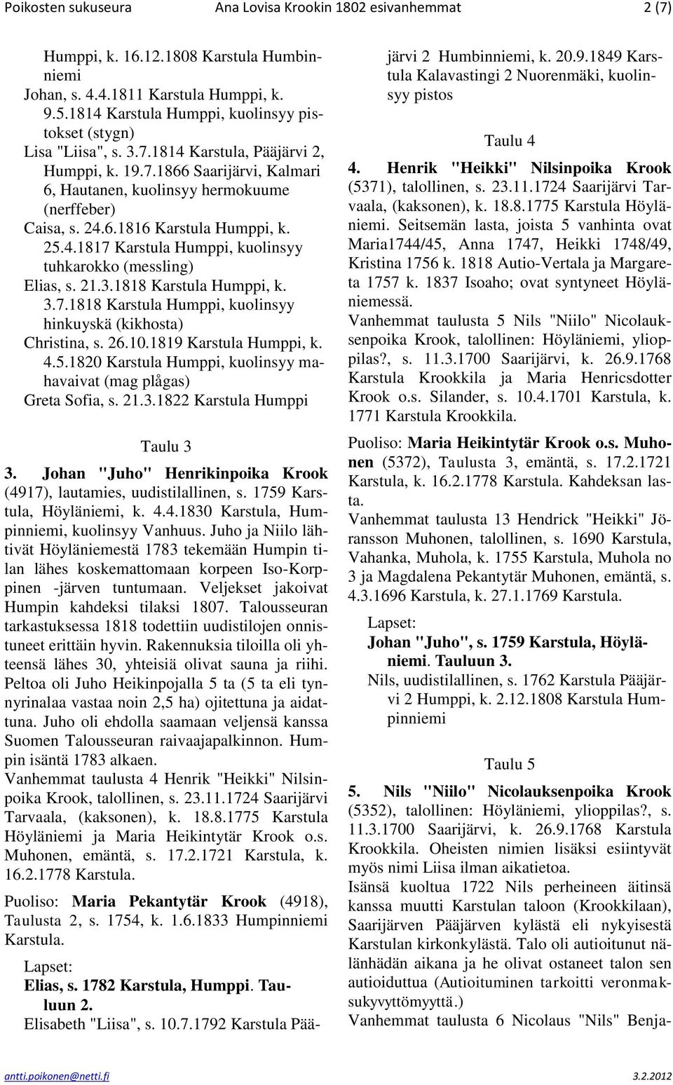 25.4.1817 Karstula Humppi, kuolinsyy tuhkarokko (messling) Elias, s. 21.3.1818 Karstula Humppi, k. 3.7.1818 Karstula Humppi, kuolinsyy hinkuyskä (kikhosta) Christina, s. 26.10.1819 Karstula Humppi, k.