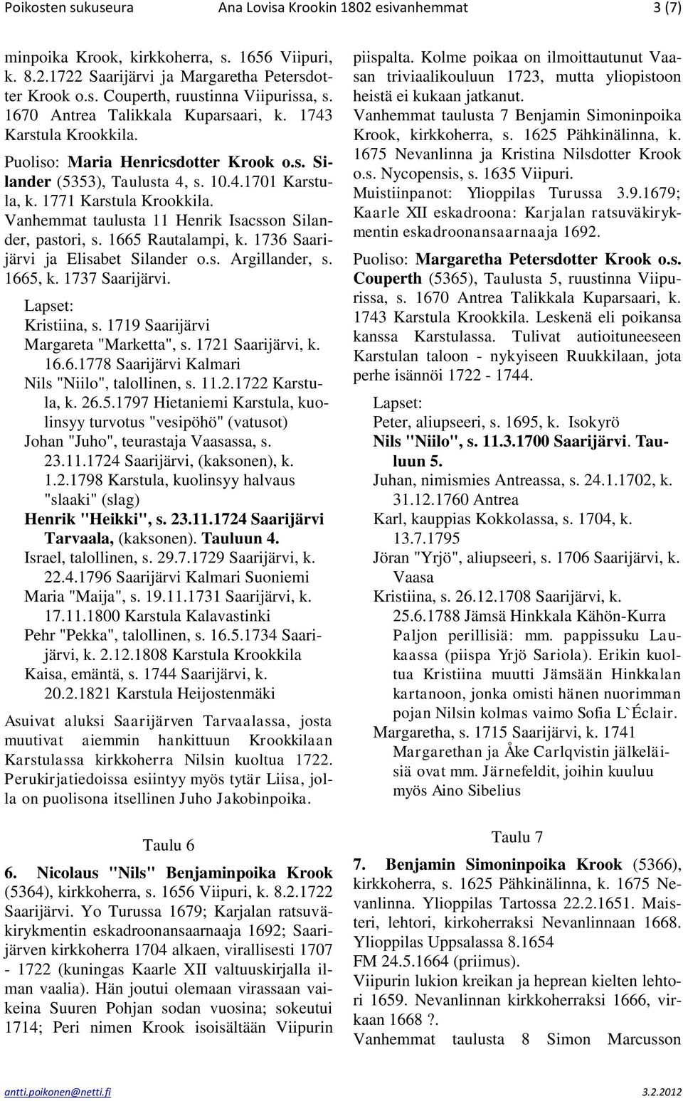 Vanhemmat taulusta 11 Henrik Isacsson Silander, pastori, s. 1665 Rautalampi, k. 1736 Saarijärvi ja Elisabet Silander o.s. Argillander, s. 1665, k. 1737 Saarijärvi. Kristiina, s.