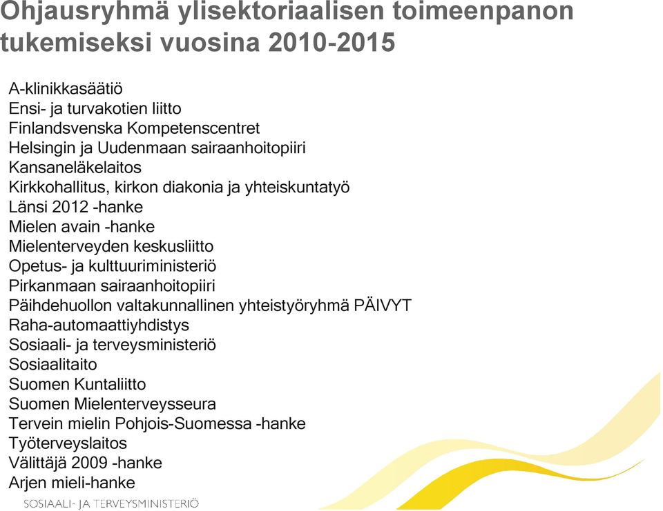 keskusliitto Opetus- ja kulttuuriministeriö Pirkanmaan sairaanhoitopiiri Päihdehuollon valtakunnallinen yhteistyöryhmä PÄIVYT Raha-automaattiyhdistys Sosiaali-