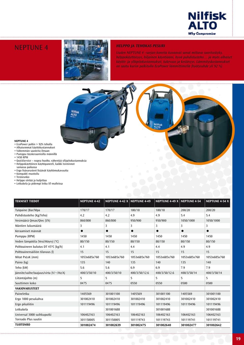 NEPTUNE 4 EcoPower poltin > 92% teholla Alhaisemmat käyttökustannukset Vähemmän saasteita ilmaan Pumppu täyskeraamisilla männillä 1450 RPM QuickService nopea huolto, vähentää ylläpitokustannuksia