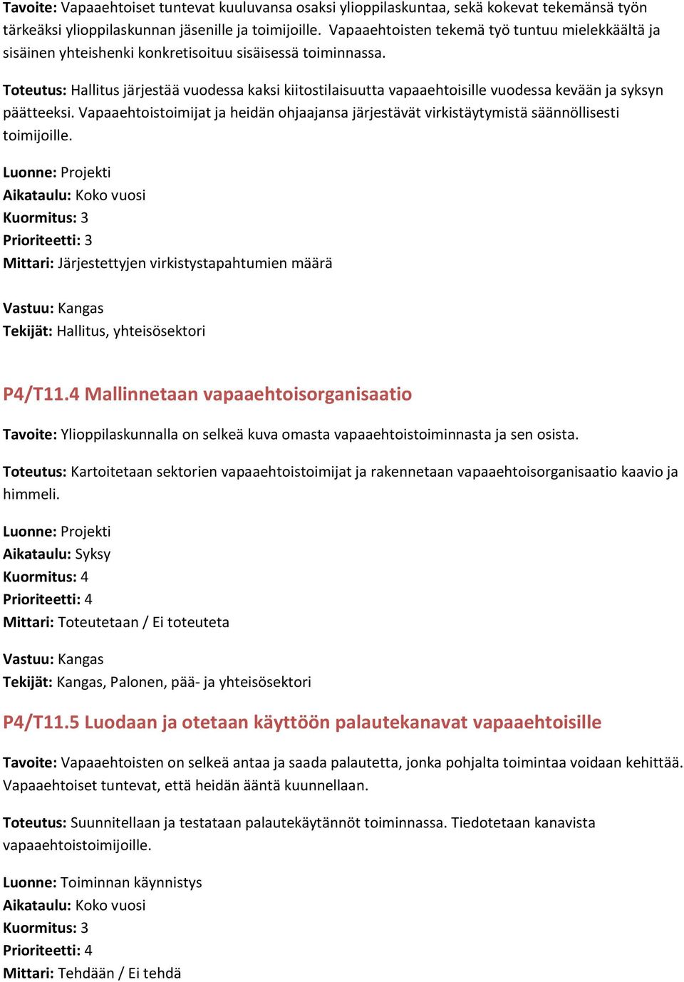 Toteutus: Hallitus järjestää vuodessa kaksi kiitostilaisuutta vapaaehtoisille vuodessa kevään ja syksyn päätteeksi.